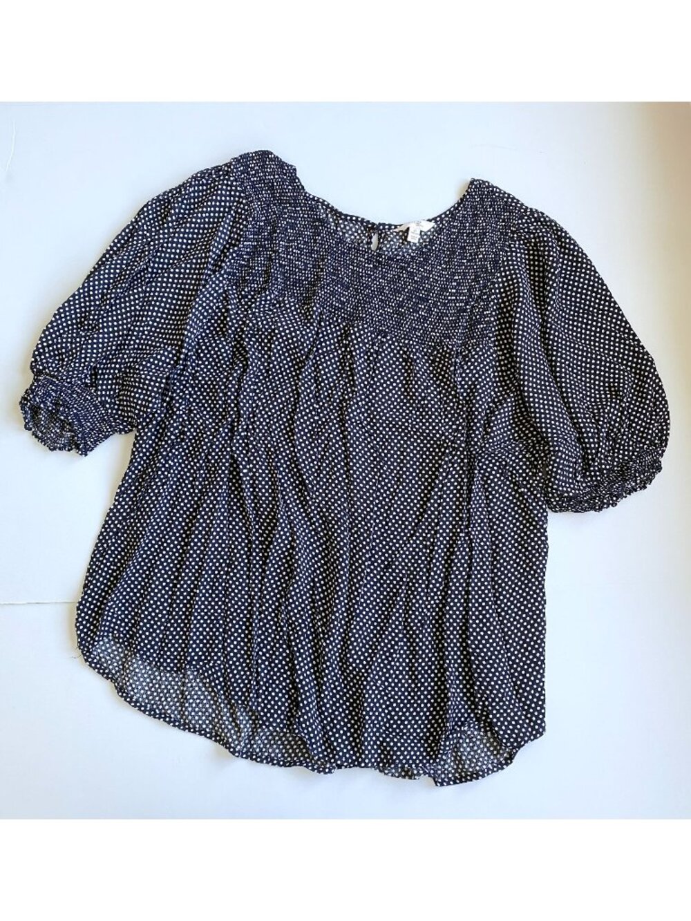Women's 4XL Terra & Sky Navy White Polka Dot Tunic 28-30W Babydoll Boho Blouse